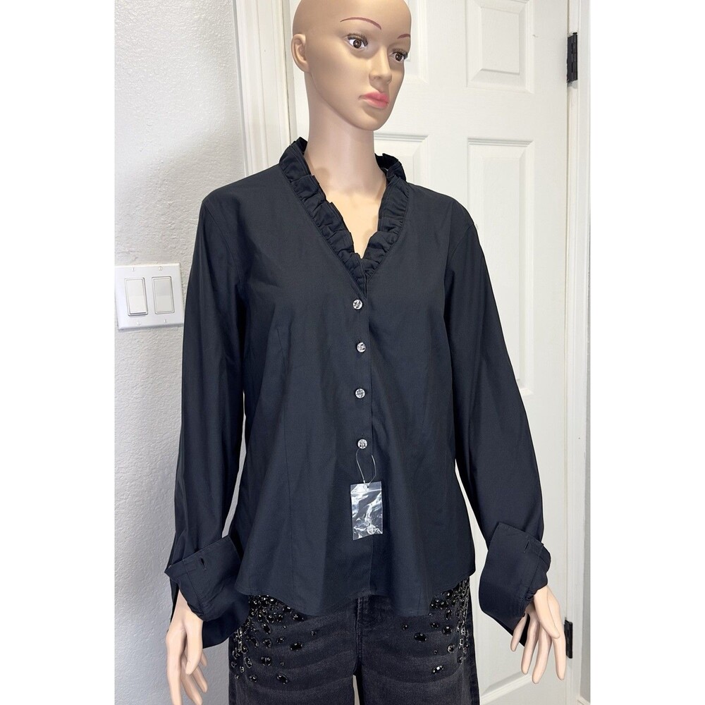 Brooks Brothers Women 16 Black Fitted Non-Iron Ruffle Collar Shirt Blouse Office